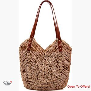 Straw Tote Shoulder Bag with Zipper for Summer Travel